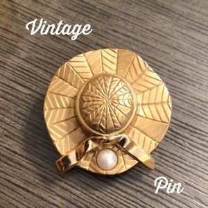 Vintage Straw Hat Pin with Bow & Faux Pearl Accent Matte Goldtone